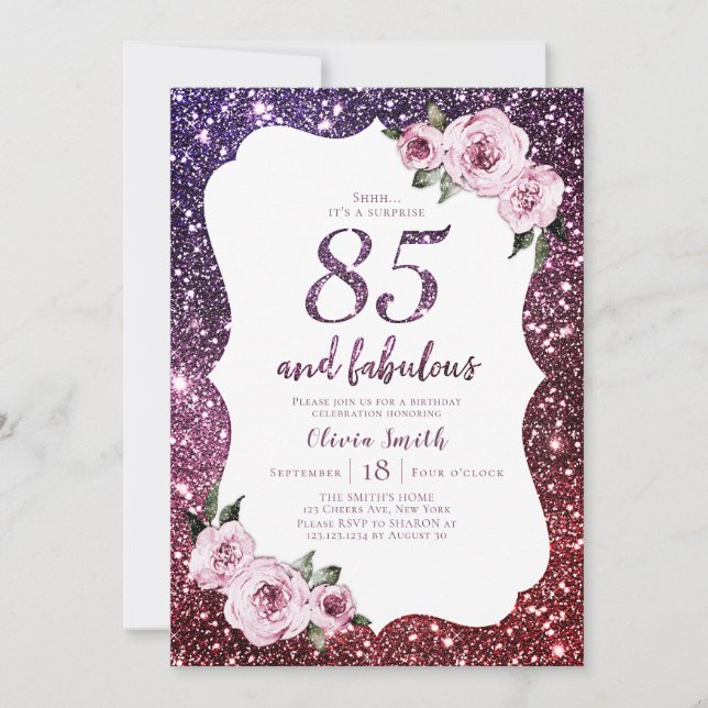 Burgundy purple glitter and floral 85th birthday invitation (Front)