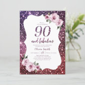 Burgundy purple glitter and floral 90th birthday invitation (Standing Front)