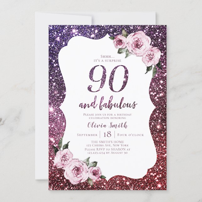 Burgundy purple glitter and floral 90th birthday invitation (Front)