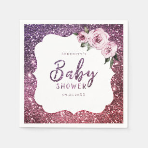 Burgundy purple glitter and floral baby shower napkins