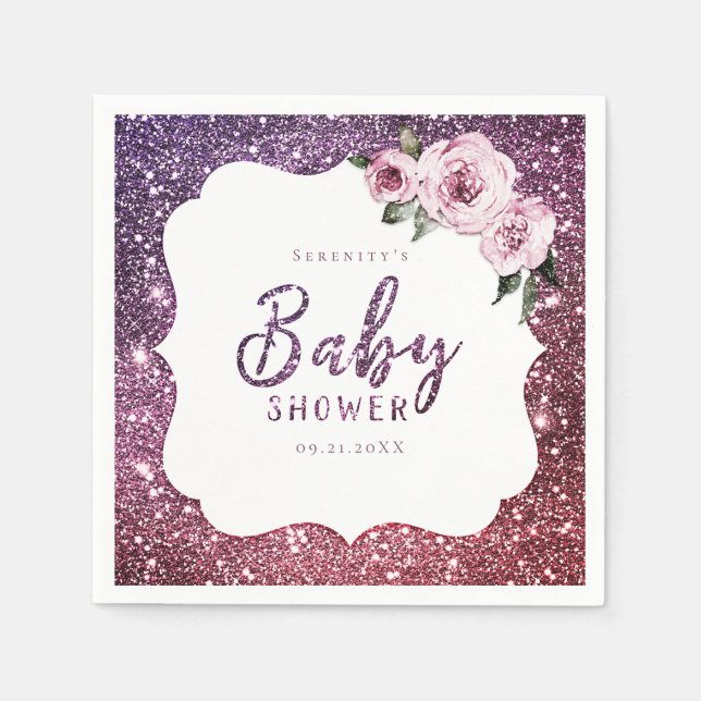 Burgundy purple glitter and floral baby shower napkins (Front)