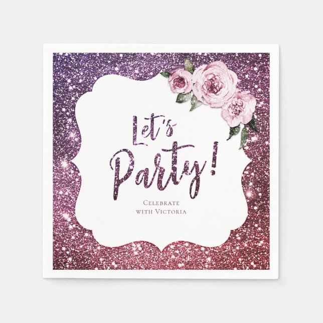 Burgundy purple glitter and floral let's party napkins (Front)