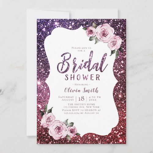 Burgundy purple glitter floral bridal shower invitation