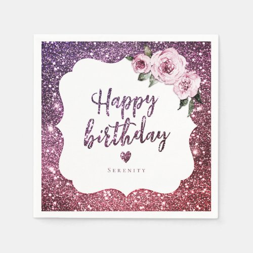 Burgundy purple glitter floral happy birthday napkins