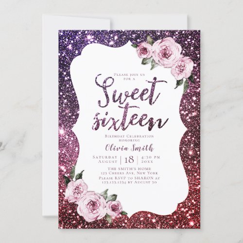 Burgundy purple glitter floral sweet 16 birthday invitation