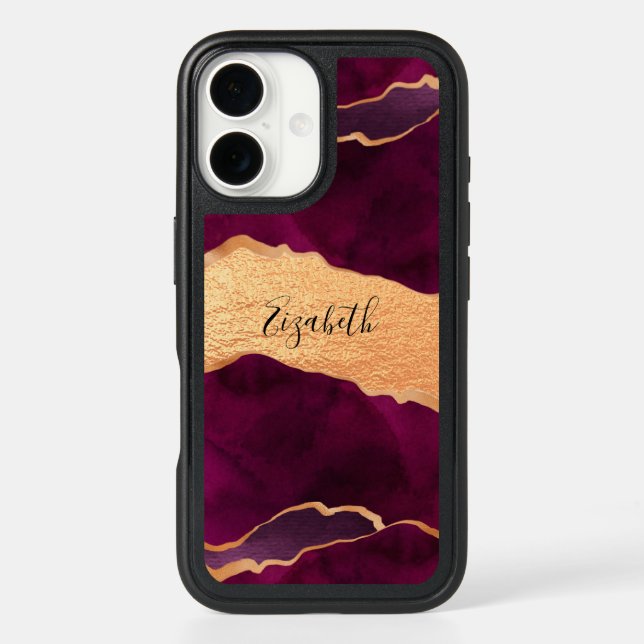 Burgundy purple gold agate marble gold name otterbox iPhone case (Back)