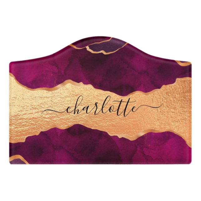 Burgundy purple gold agate marble name door sign (Small Crest Front)
