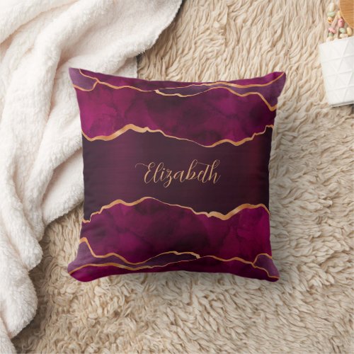 Burgundy purple gold agate marble name throw pillow