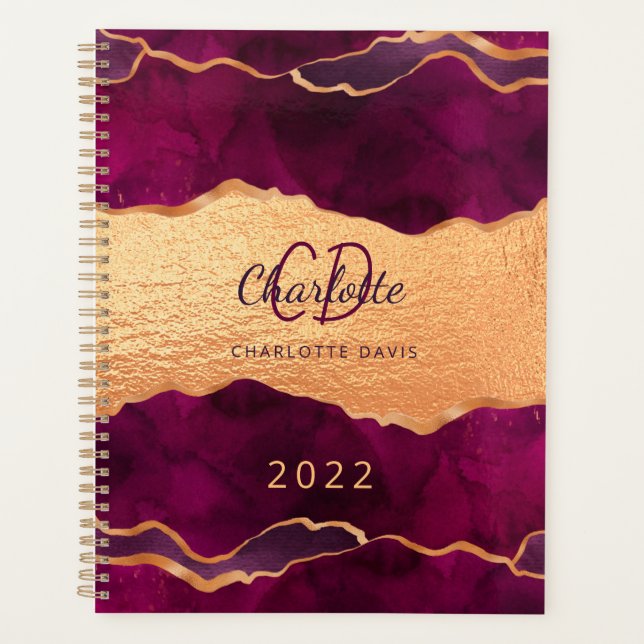 Burgundy purple gold agate marble rose gold 2025 planner (Front)