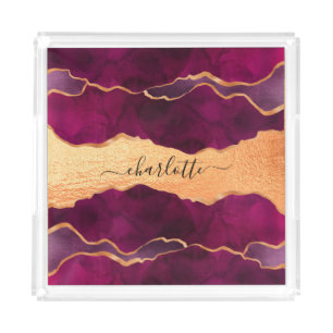 Burgundy purple gold agate marble rose gold name acrylic tray