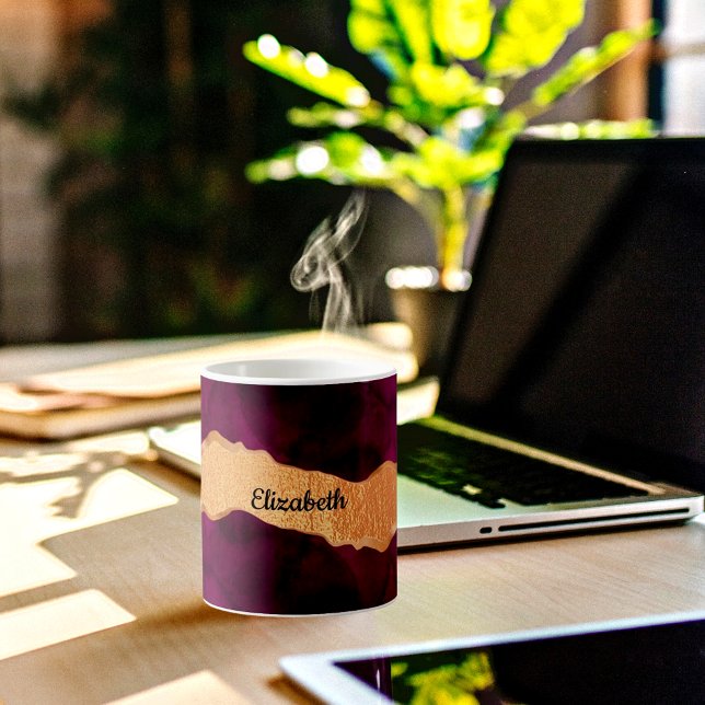Burgundy purple gold agate marble rose gold name coffee mug (Creator Uploaded)
