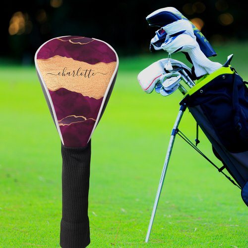Burgundy purple gold agate marble rose gold name golf head cover
