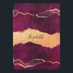 Burgundy purple gold agate marble rose gold name iPad pro cover<br><div class="desc">A burgundy,  purple and faux gold agate,  marble stone print as background Personalize and add your name. The name is written with a modern hand lettered style script.</div>