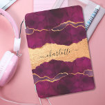 Burgundy purple gold agate marble rose gold name iPad pro cover<br><div class="desc">A burgundy,  purple and faux gold agate,  marble stone print as background Personalize and add your name. The name is written with a modern hand lettered style script with swashes. 
To keep the swashes only delete the sample name,  leave the spaces or emoji's in front and after the name.</div>