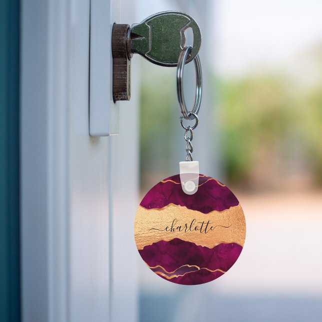 Burgundy purple gold agate marble rose gold name keychain (Creator Uploaded)