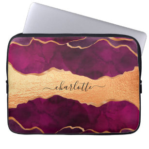 Burgundy purple gold agate marble rose gold name laptop sleeve