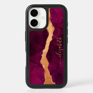 Burgundy purple gold agate marble rose gold name iPhone 16 case