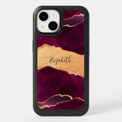 Burgundy purple gold agate marble rose gold name OtterBox iPhone 14 case