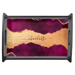 Burgundy purple gold agate marble rose gold name serving tray