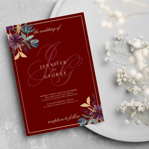 Burgundy purple gold blue monogram floral wedding  invitation