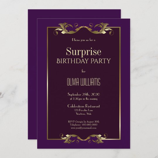 Burgundy Purple Gold Surprise Birthday Party Invitation | Zazzle.com