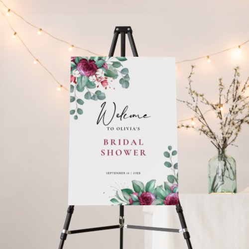 Burgundy Purple Ivory Floral Bridal Shower Welcome Foam Board