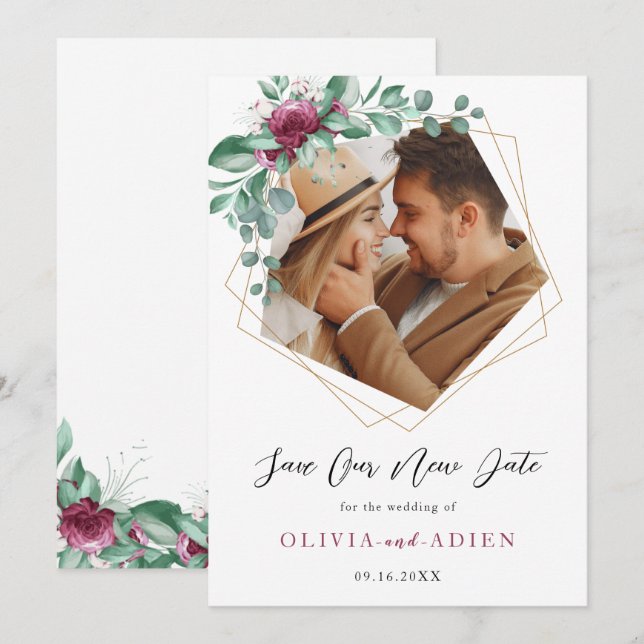 Burgundy Purple Ivory Floral Geometric  Photo Save The Date (Front/Back)