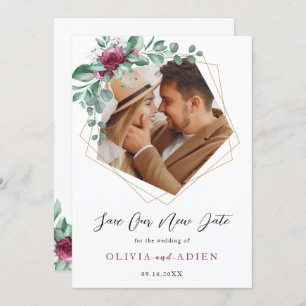 Burgundy Purple Ivory Floral Geometric  Photo Save The Date