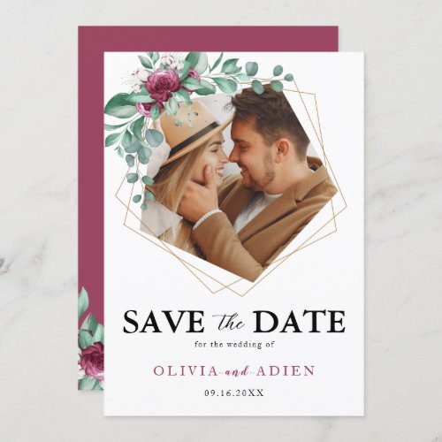 Burgundy Purple Ivory Floral Geometric Photo  Save The Date