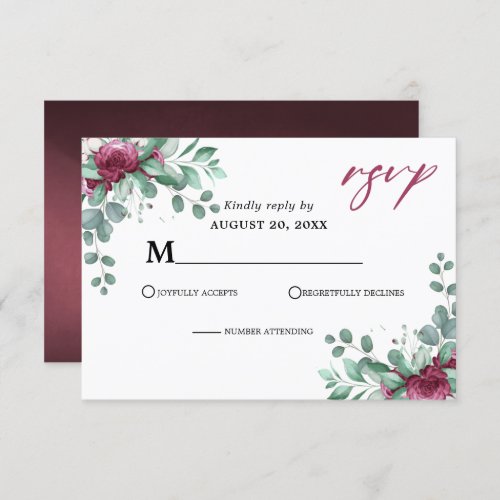 Burgundy Purple Ivory Floral Wedding RSVP Card