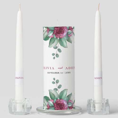 Burgundy Purple Ivory Floral Wedding  Unity Candle Set