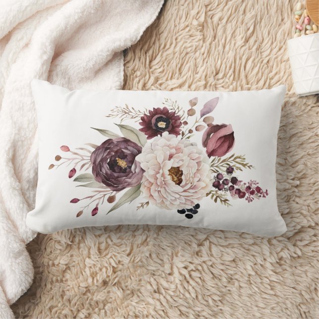 Burgundy Purple Maroon White Floral Elegant Flower Lumbar Pillow (Blanket)