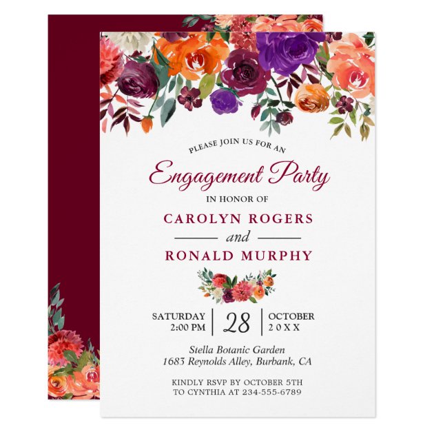 Burgundy Purple Orange Floral Engagement Party Invitation