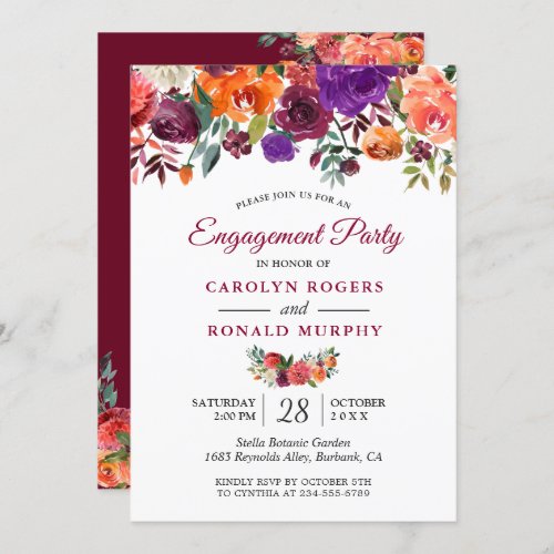 Burgundy Purple Orange Floral Engagement Party Invitation - Burgundy Purple Orange Floral Engagement Party Invitation. 
(1) For further customization, please click the "customize further" link and use our design tool to modify this template. 
(2) If you prefer Thicker papers / Matte Finish, you may consider to choose the Matte Paper Type. 
(3) If you need help or matching items, please contact me.