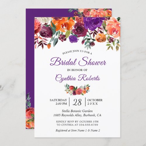 Burgundy Purple Orange Floral Garden Bridal Shower Invitation - Burgundy Purple Orange Floral Garden Bridal Shower Invitation. 
(1) For further customization, please click the "customize further" link and use our design tool to modify this template. 
(2) If you prefer Thicker papers / Matte Finish, you may consider to choose the Matte Paper Type. 
(3) If you need help or matching items, please contact me.