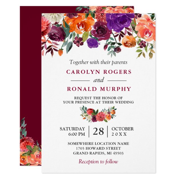 Burgundy Purple Orange Red Floral Wedding Invitation