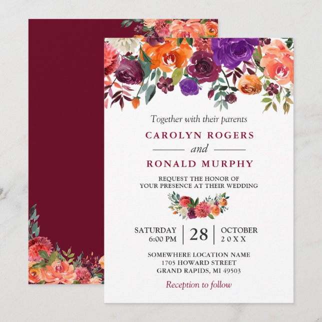 Burgundy Purple Orange Red Floral Wedding Invitation (Front/Back)