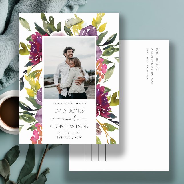 BURGUNDY PURPLE PINK GREEN FLORAL SAVE THE DATE ANNOUNCEMENT POSTCARD (Creator Uploaded)