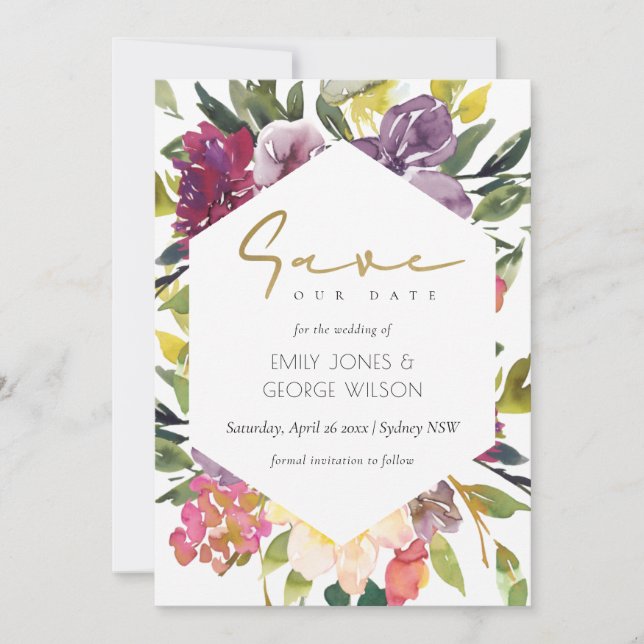 BURGUNDY PURPLE PINK LIME GREEN FLORAL SAVE THE DATE (Front)