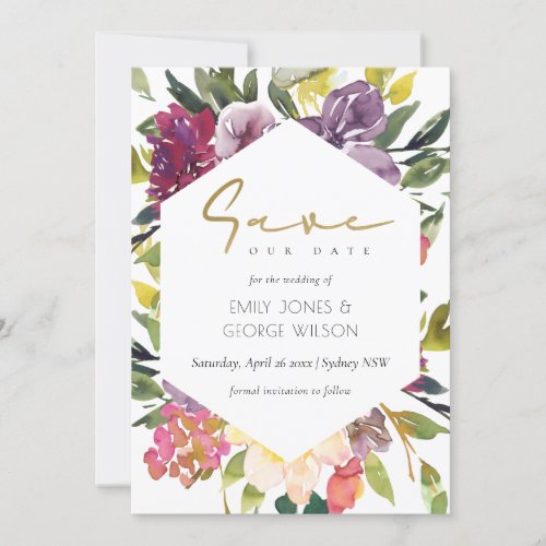 BURGUNDY PURPLE PINK LIME GREEN FLORAL SAVE THE DATE