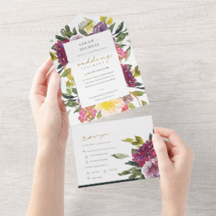 BURGUNDY PURPLE PINK LIME GREEN FLORAL WEDDING ALL ALL IN ONE INVITATION