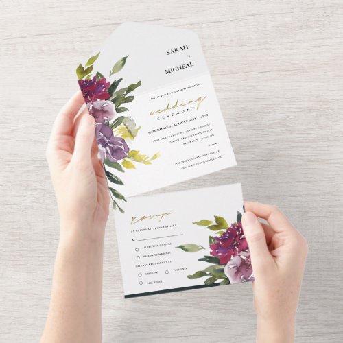 BURGUNDY PURPLE PINK LIME GREEN FLORAL WEDDING ALL ALL IN ONE INVITATION