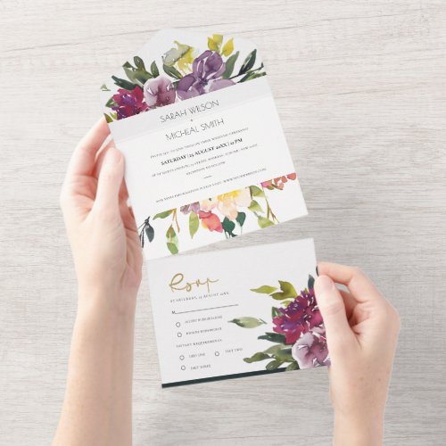 BURGUNDY PURPLE PINK LIME GREEN FLORAL WEDDING ALL IN ONE INVITATION
