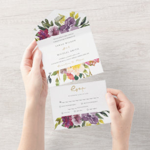 BURGUNDY PURPLE PINK LIME GREEN FLORAL WEDDING ALL IN ONE INVITATION