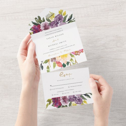 BURGUNDY PURPLE PINK LIME GREEN FLORAL WEDDING ALL IN ONE INVITATION