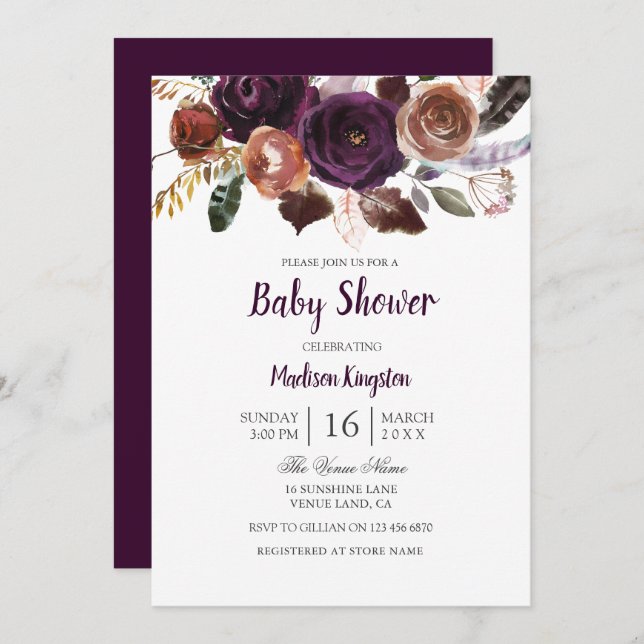 Burgundy Purple Plum Floral Baby Shower Invitation (Front/Back)