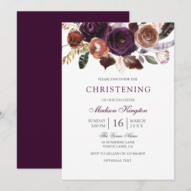 Burgundy Purple Plum Floral Christening Baptism Invitation (Front/Back)