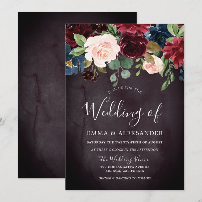 Burgundy Purple Red Wine Flowers Wedding Invitation (Front/Back)
