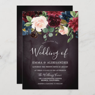 Burgundy Purple Red Wine Flowers Wedding Invitation