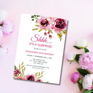 Burgundy Purple Rose Floral Surprise Birthday Invitation